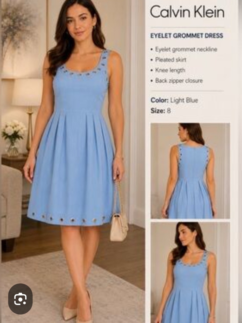 Calvin Klein Light Blue Eyelet Grommet Pleated Dress